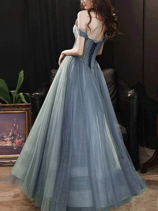 Wholesa A-line Off-the-Shoulder Tulle Long Prom Dresses