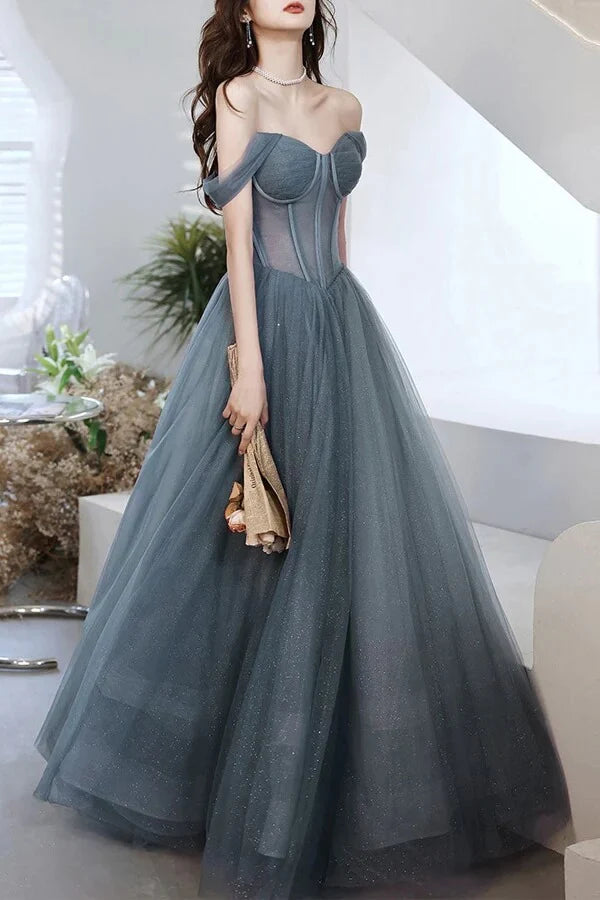 Wholesa A-line Off-the-Shoulder Tulle Long Prom Dresses
