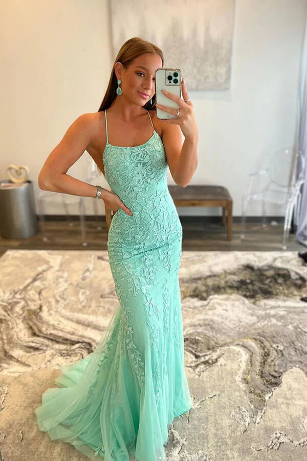 Wholesa Mermaid Lace Tulle Appliques Long Prom Dresses