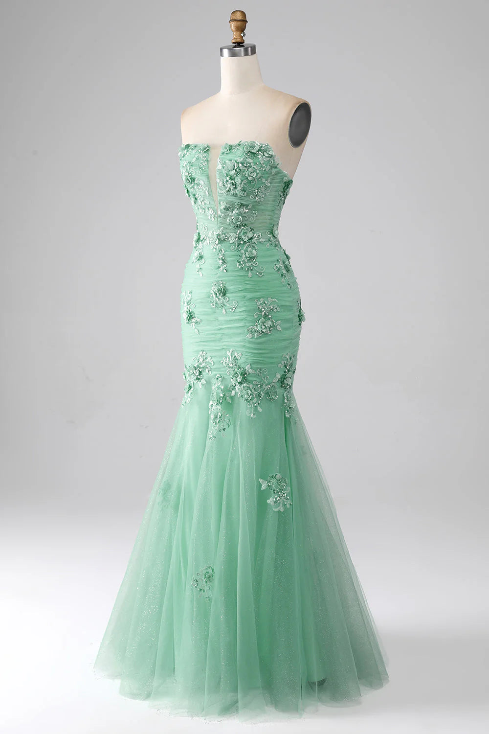 Wholesa Mermaid Strapless Tulle Long Prom Dress with Appliques