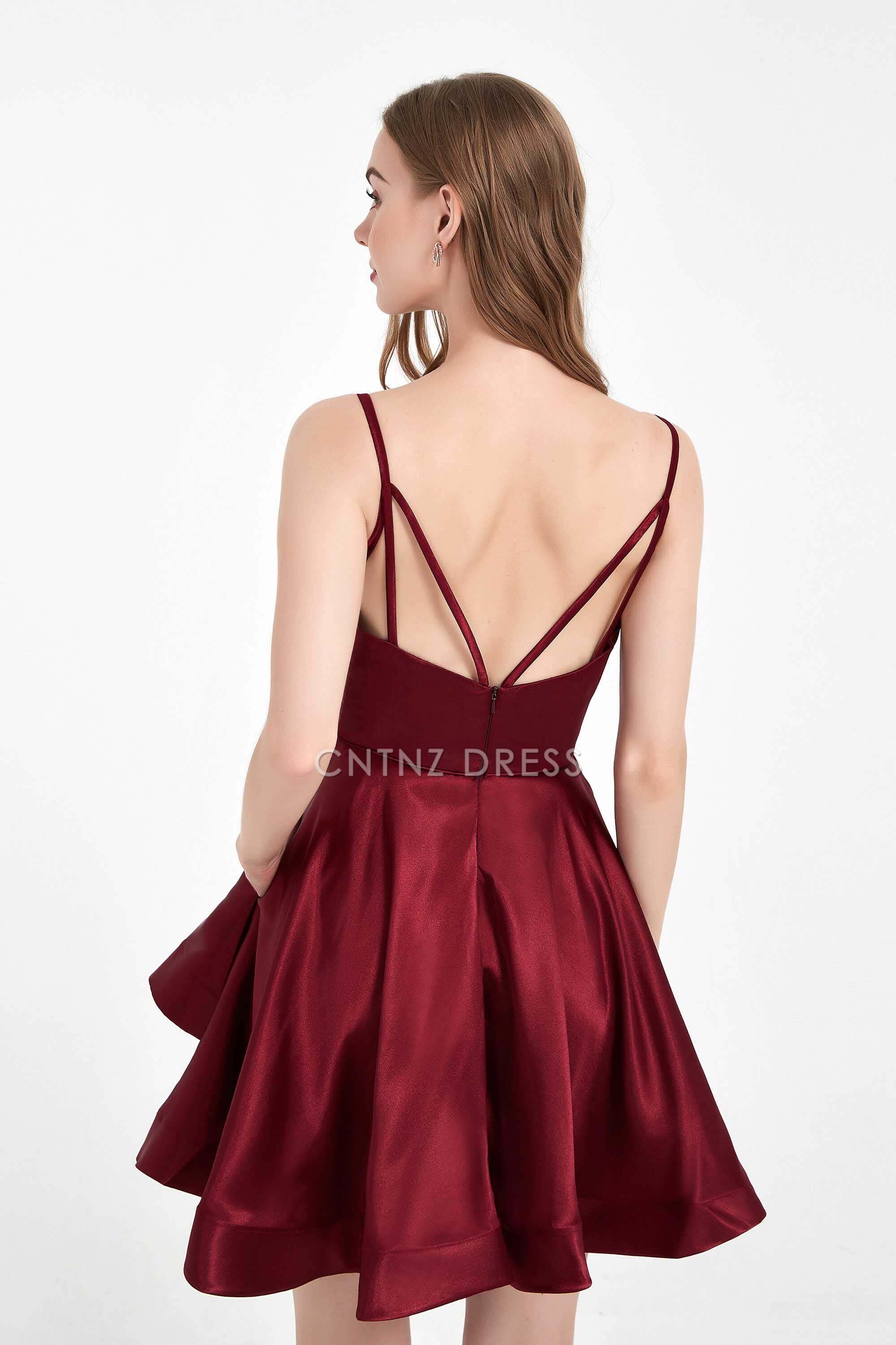 CNTNZ DRESS Fashion A Line Round Neck Spaghetti Straps Backless Double-Layer Ruched Simple Dress Hot Sale Homecoming Dress