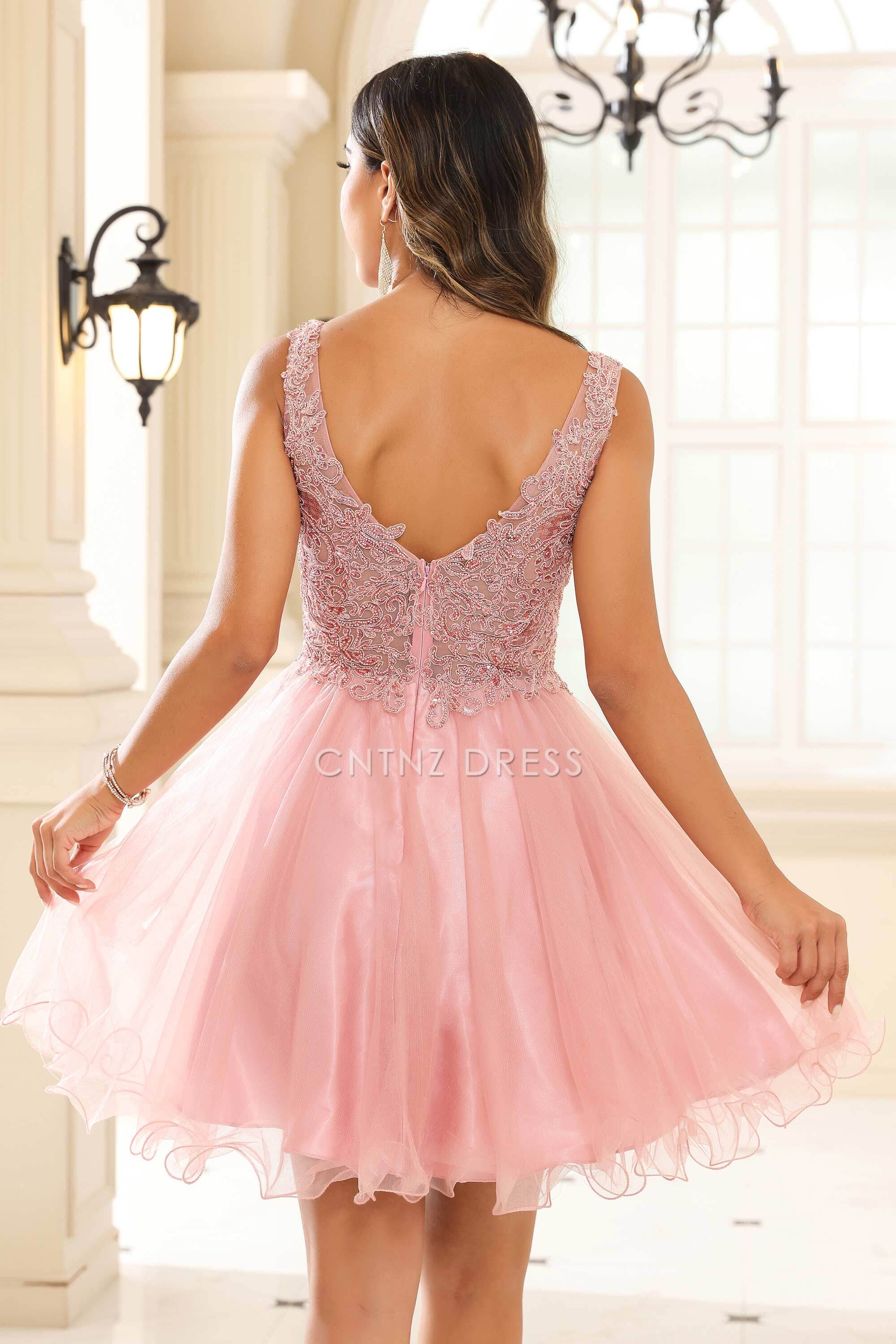CNTNZ DRESS Exquisite A-line V-neck Sleeveless Ruched Tulle Sexy Mini Dress Hot Sale Homecoming Dress