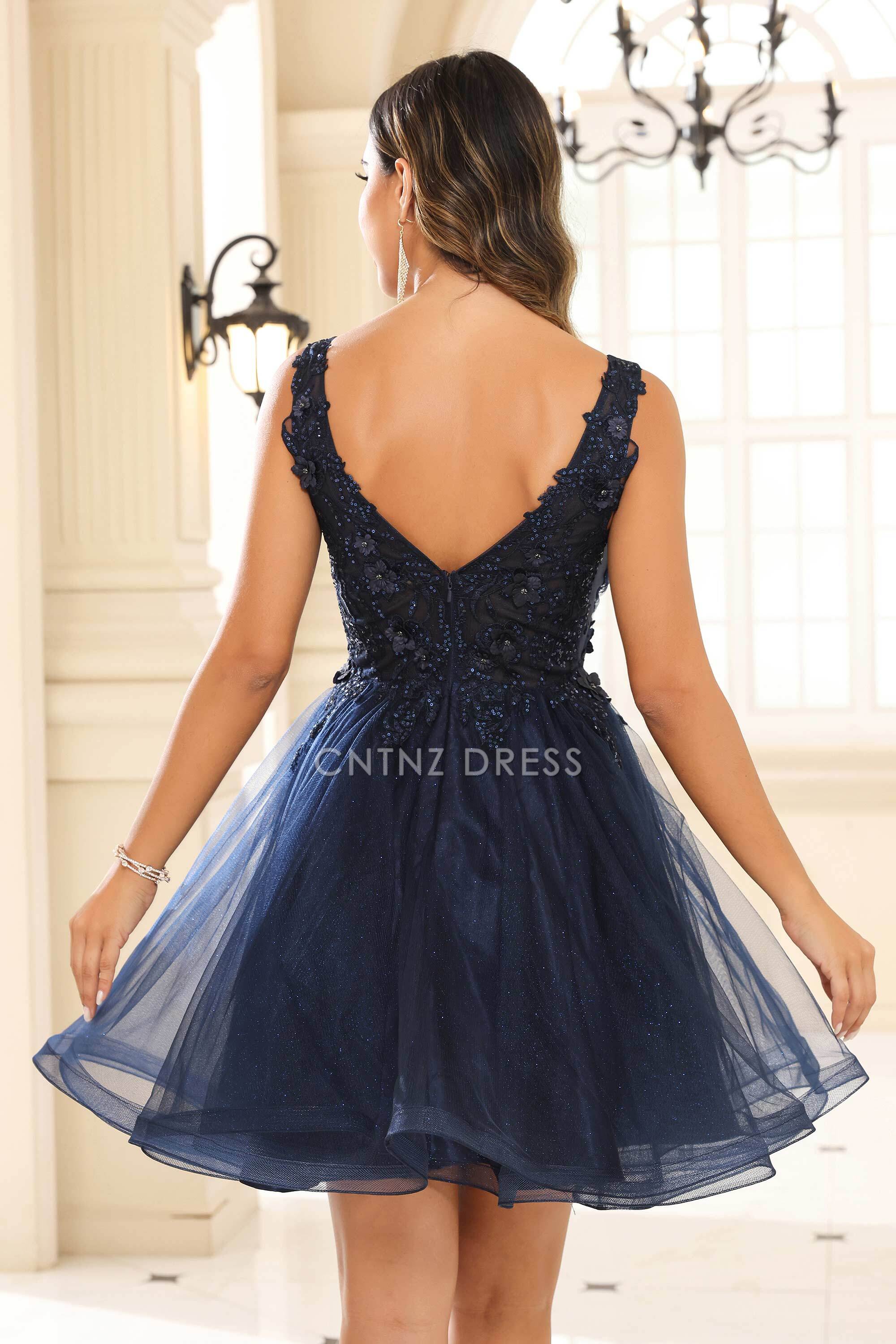 CNTNZ DRESS Charming A Line Deep V Neck Floral Applique Beaded Ruched Exquisite Mini Dress Hot Sale Homecoming Dress