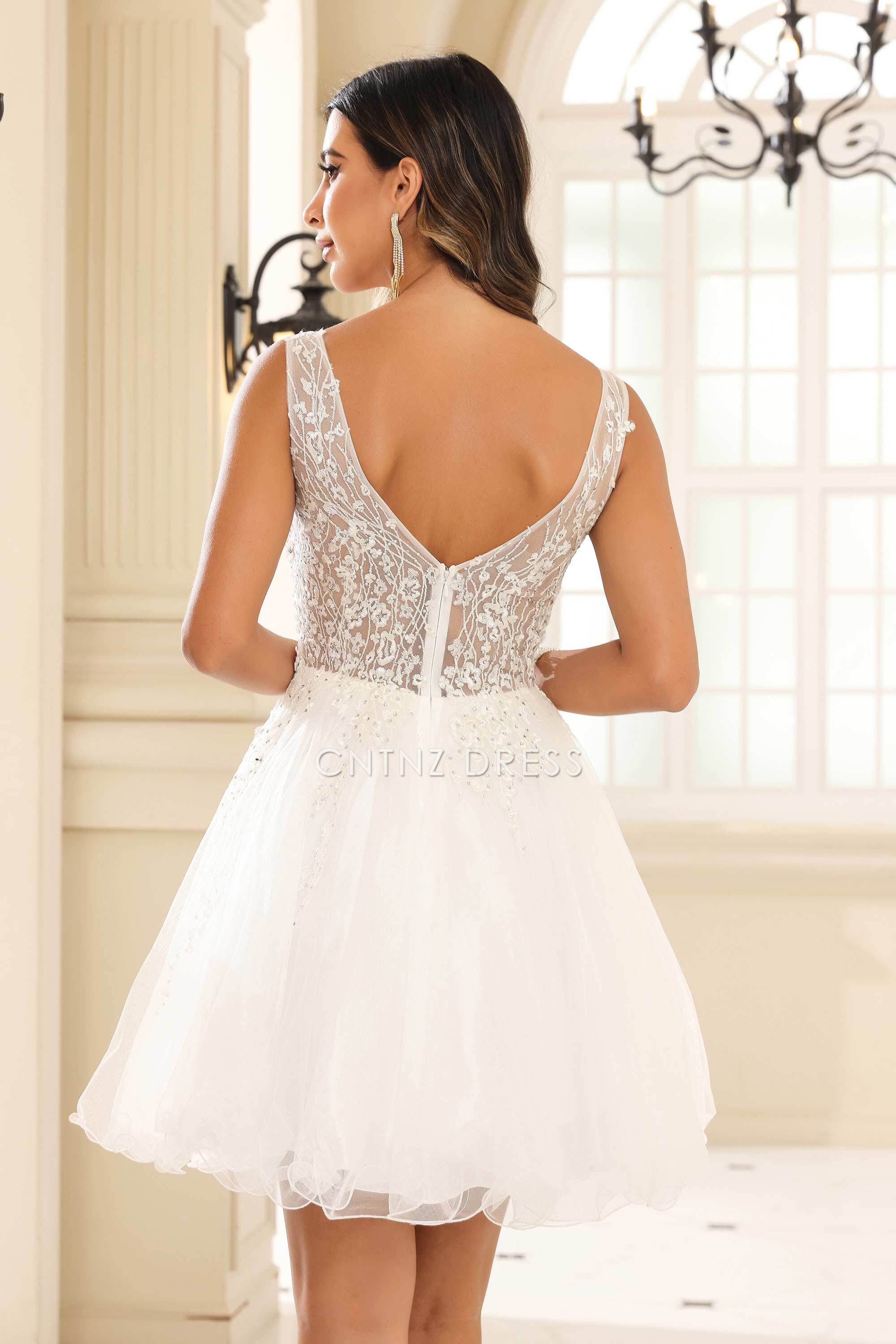 CNTNZ DRESS Exquisite A-line V-neck Sleeveless Applique Tulle Romantic Mini Dress Hot Sale Homecoming Dress