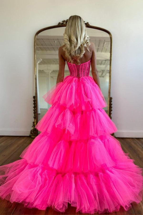 Wholesa Sweetheart Hot Pink High Low Tiered Prom Dress Evening Dress