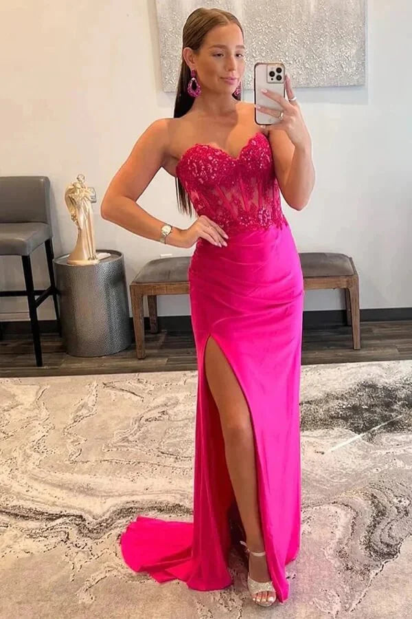 Wholesa Mermaid Satin Strapless Lace Appliques Prom Dresses With Slit