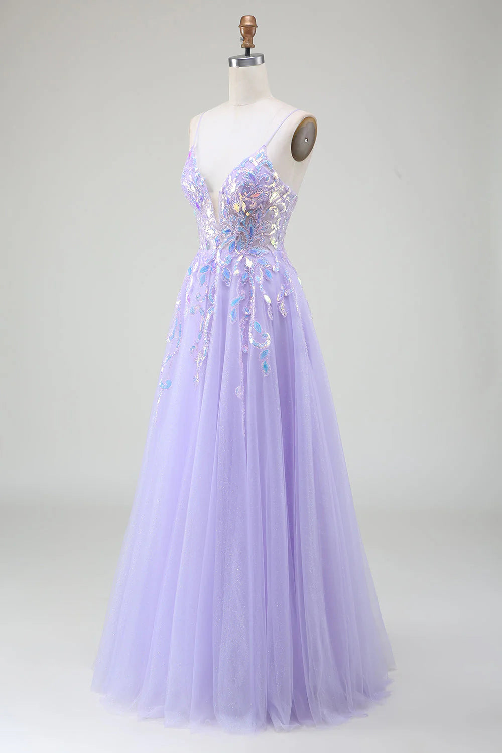 Wholesa A-line Sequined Spaghetti Strap Appliqued Tulle Prom Dresses Ball Gown