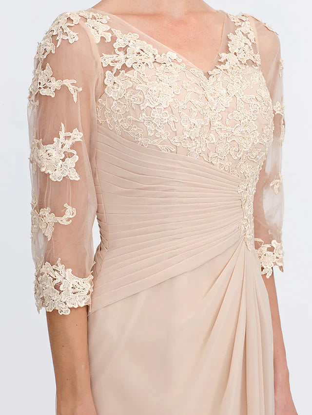 Wholesa Mother of the Bride Dress Elegant See Through V Neck Floor Length Chiffon Sheer Lace Half Sleeve with Appliques Side Draping