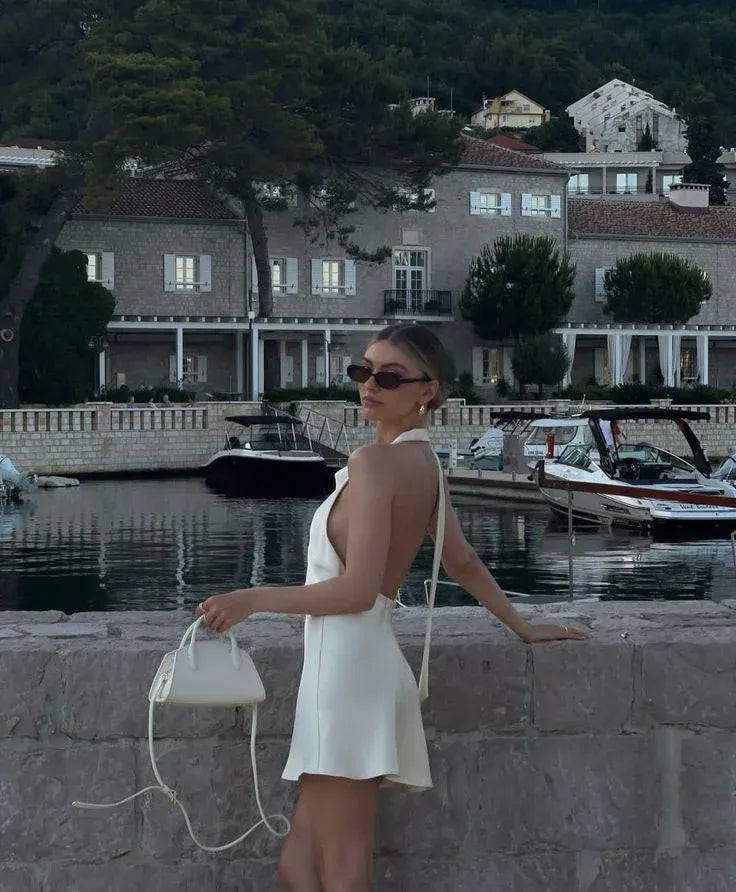 Ivory Halter Open Back Satin Flared Mini Party Dress