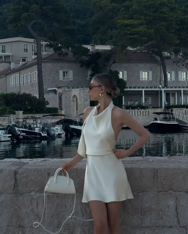 Ivory Halter Open Back Satin Flared Mini Party Dress