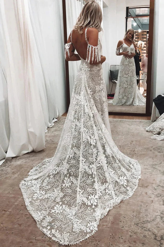 Wholesa Beach Mermaid Scoop Neckline Backless Ivory Bohemian Wedding Dress