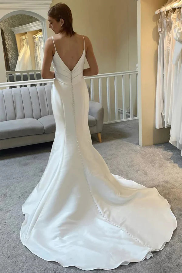 Wholesa Mermaid Spaghetti Strap Backless Trumpet Ivory Wedding Dress