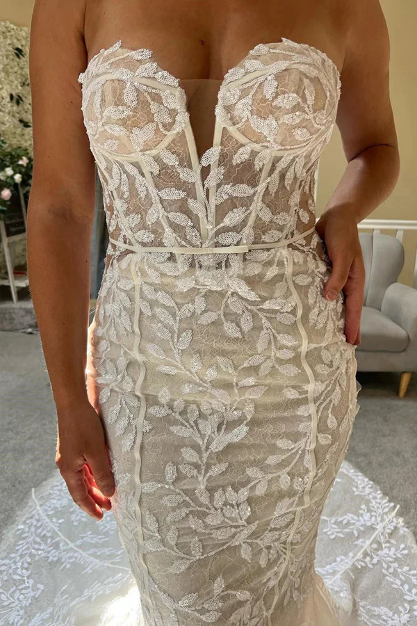 Wholesa Mermaid Lace Strapless Ivory Lace Bridal Gown Wedding Dress