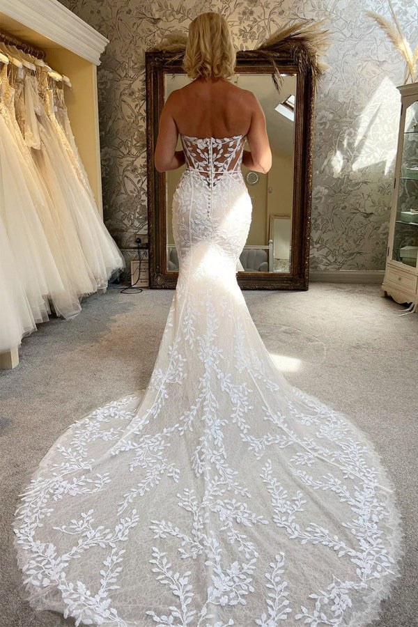 Wholesa Mermaid Lace Strapless Ivory Lace Bridal Gown Wedding Dress