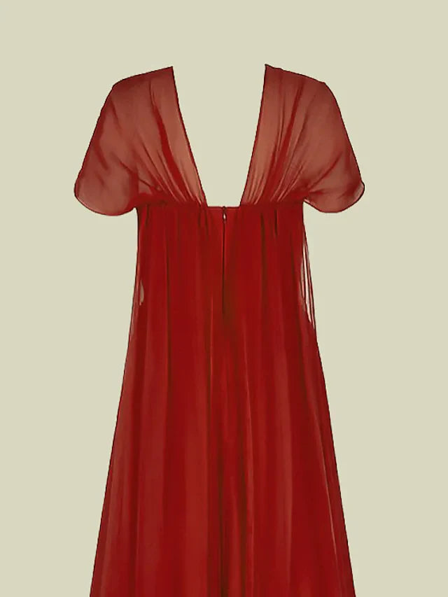 Wholesa A-Line Mother of the Bride Dress Elegant V Neck Floor Length Chiffon Short Sleeve with Pleats