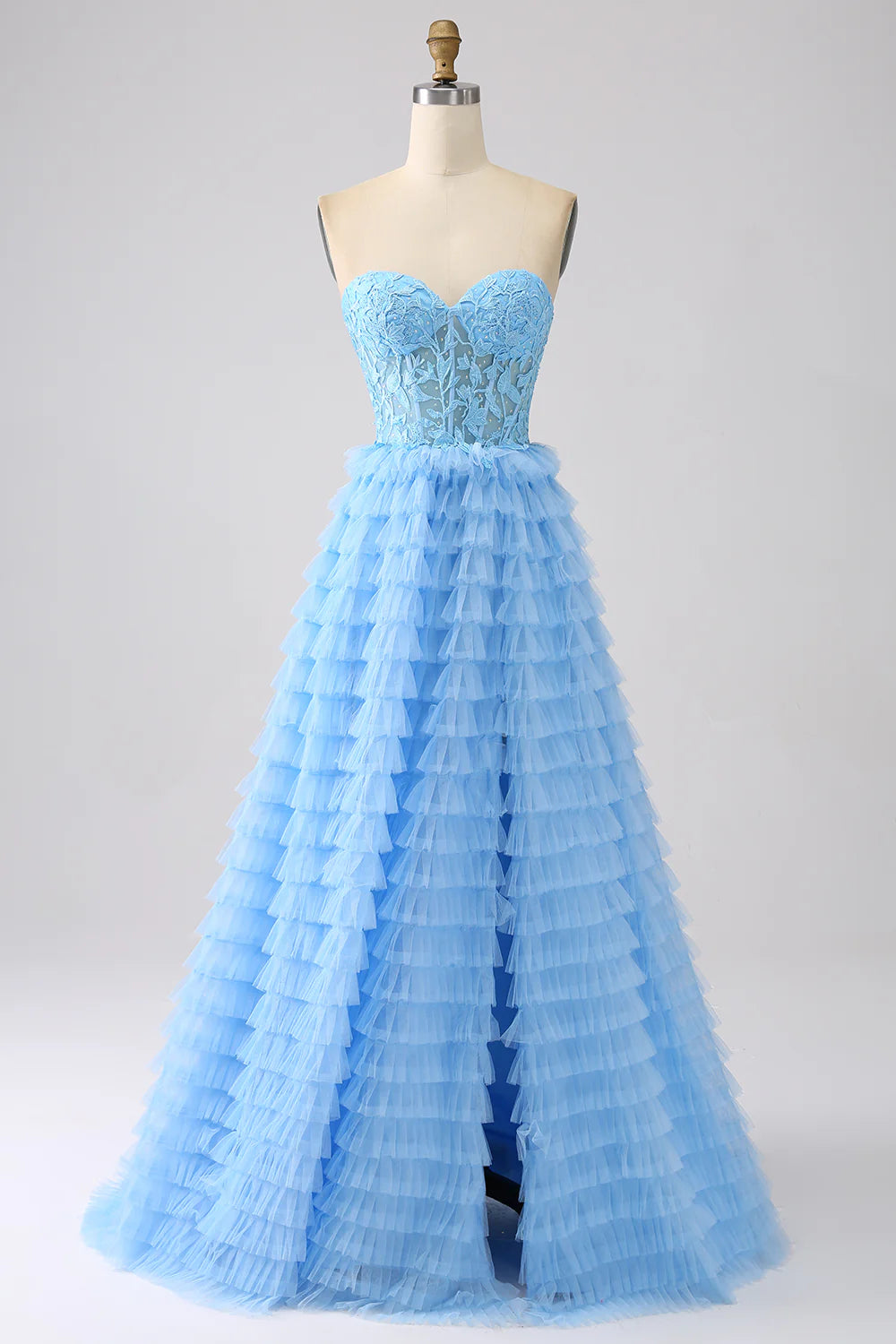 Wholesa Long Prom Dress with Slit Princess Sweetheart Tiered Tulle
