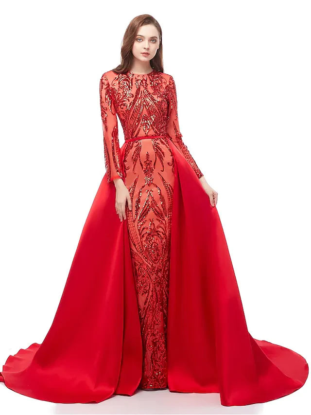 Wholesa Ball Gown Luxurious Sparkle Prom Formal Evening Dress Jewel Neck Long Sleeve Detachable Sequined with Overskirt Pattern Print Appliques
