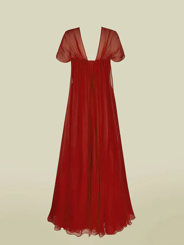 Wholesa A-Line Mother of the Bride Dress Elegant V Neck Floor Length Chiffon Short Sleeve with Pleats