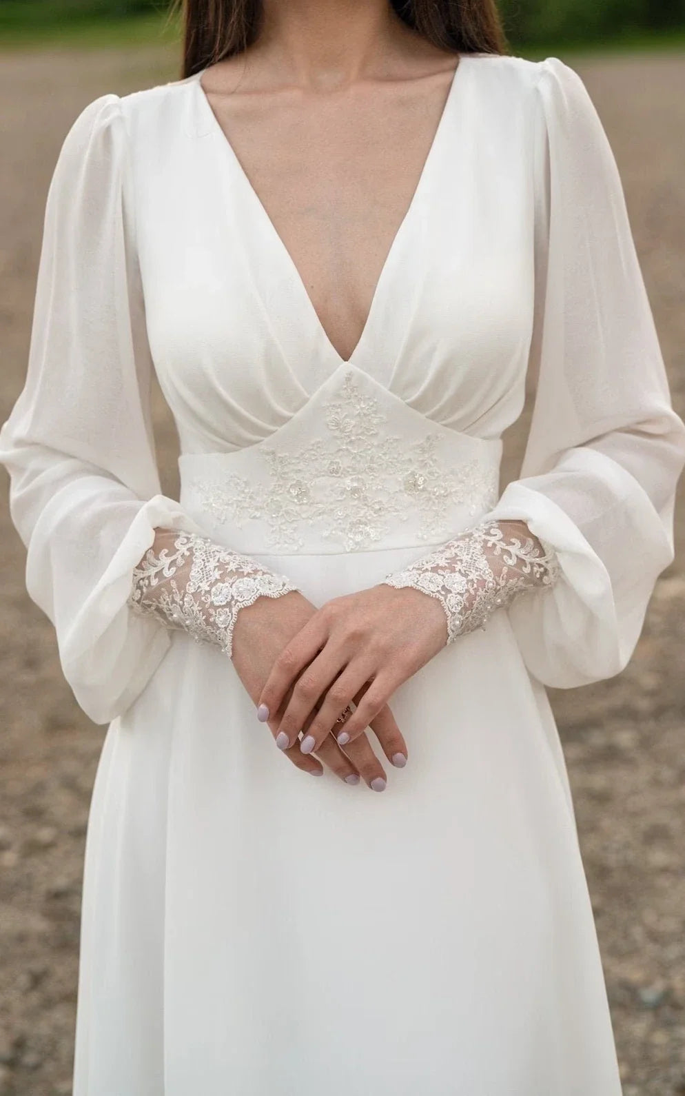 Wholesa A-Line Floor Chiffon Long Sleeve Train Wedding Dress with Sequins