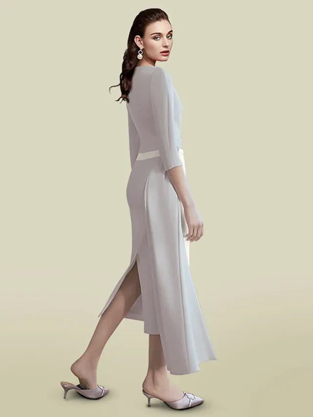 Wholesa Mother of the Bride Dress Elegant Jewel Neck Tea Length Italy Satin Half Sleeve with Ruching