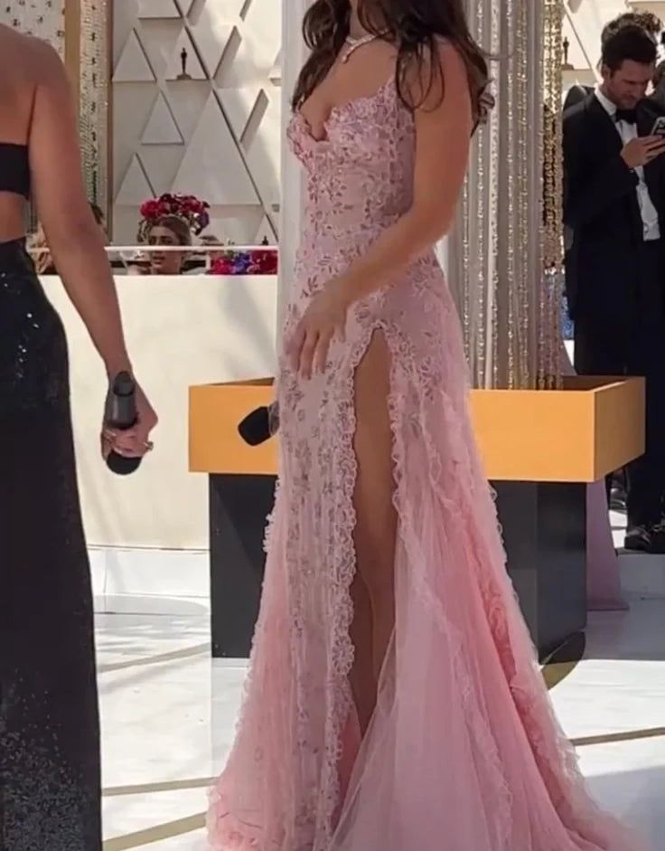 Lace Embellished Mermaid Plunge Neck Sleeveless Open Back Train Length Evening Dress