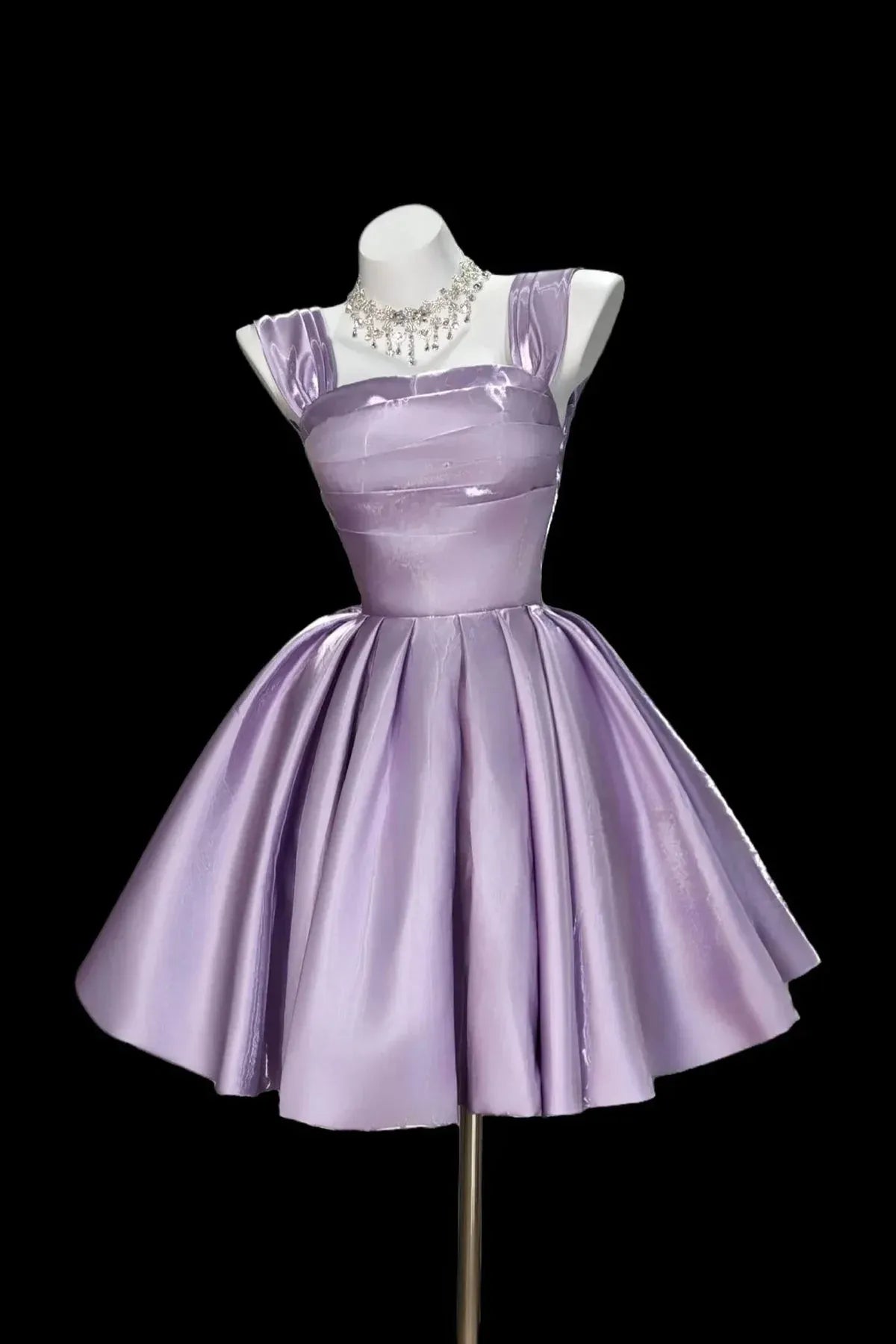 Lavender Square Neck Wide Strap Pleated A-Line Satin Homecoming Dress