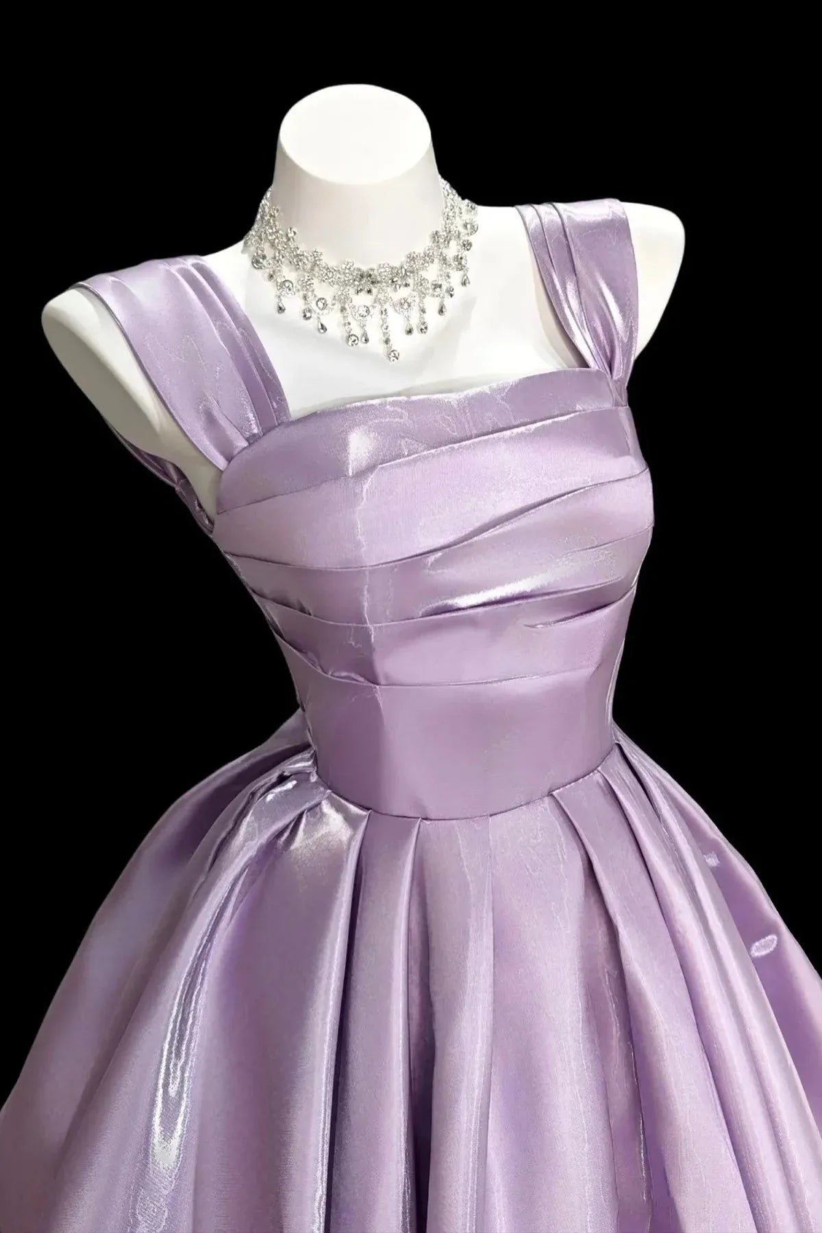 Lavender Square Neck Wide Strap Pleated A-Line Satin Homecoming Dress