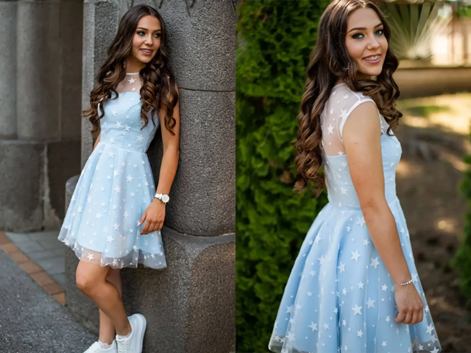 Light Blue Cap Sleeve Sheer Yoke Star Tulle Skater Homecoming Dress