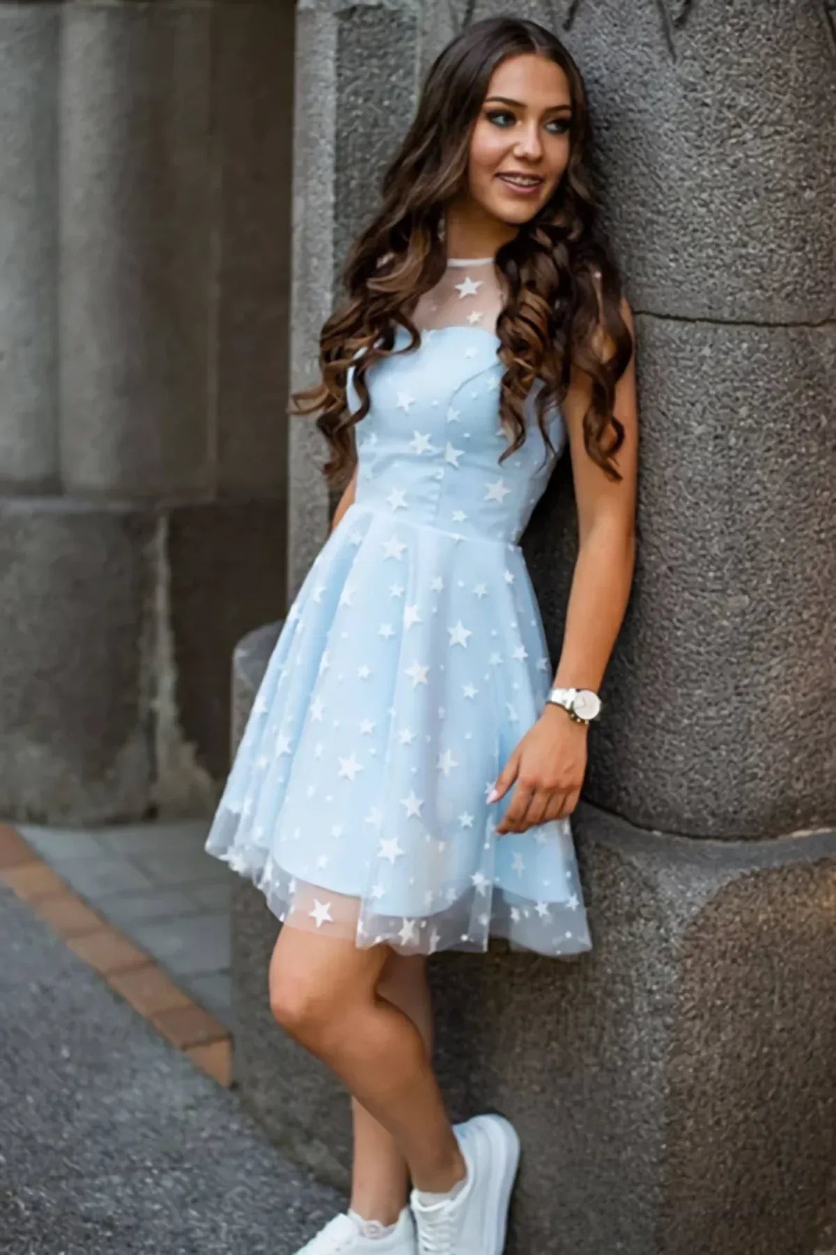 Light Blue Cap Sleeve Sheer Yoke Star Tulle Skater Homecoming Dress