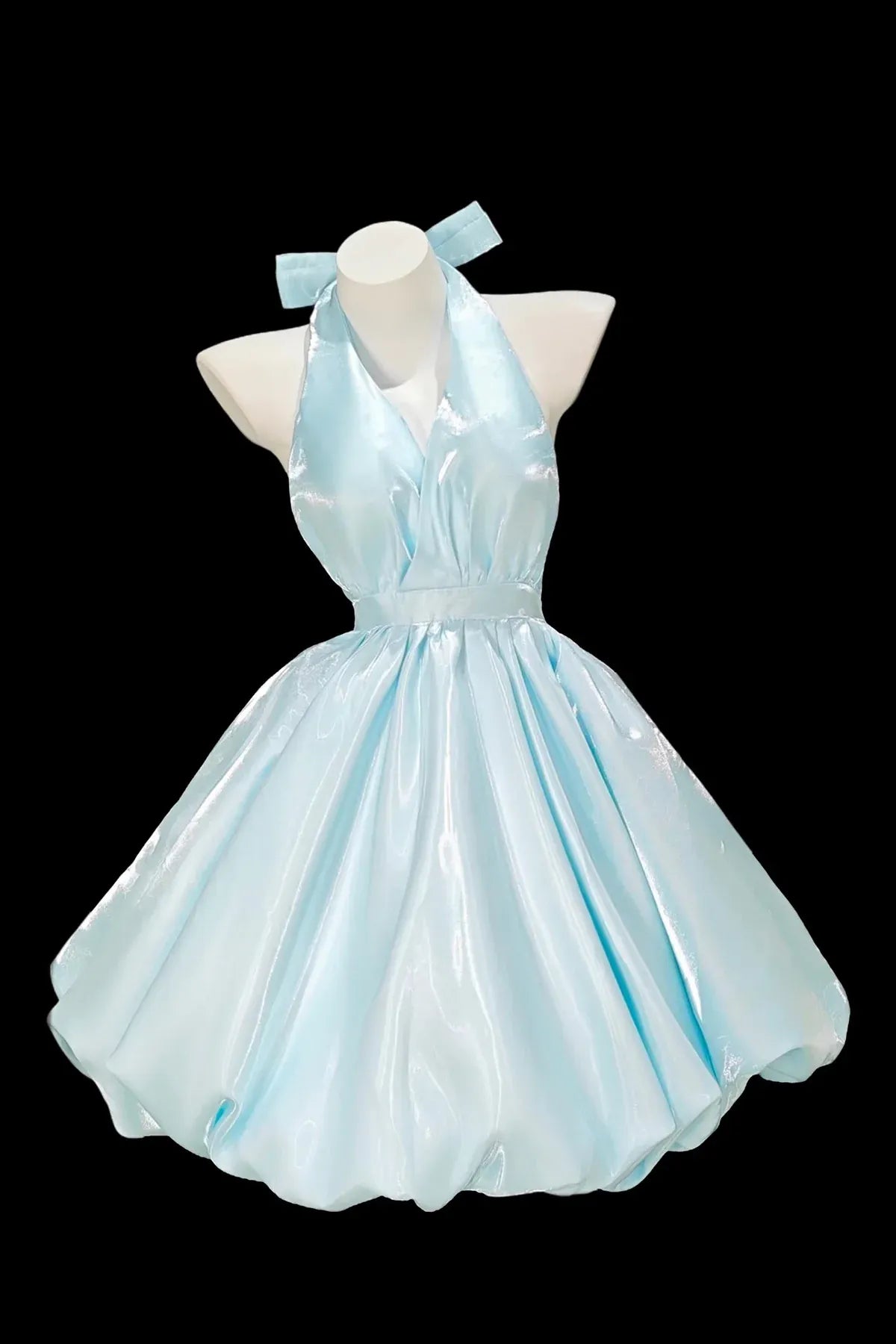 Light Blue Halter Bow Neck Voluminous A-Line Homecoming Dress