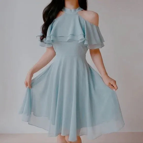Light Blue Halter Cold Shoulder Ruffle Sleeve A-Line Midi Homecoming Dress