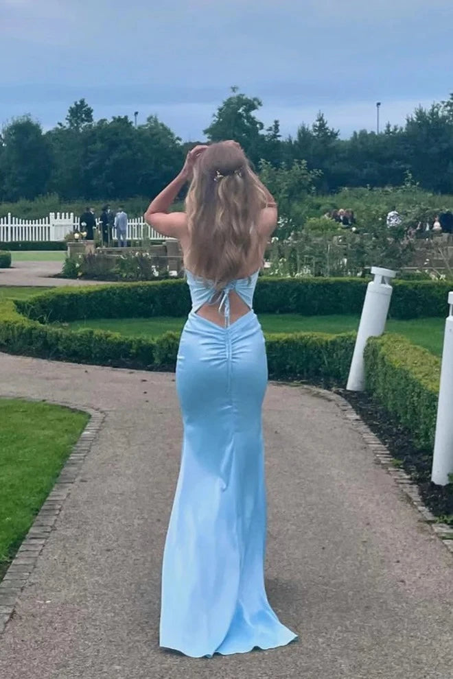 Light Blue Mermaid V Neck Sleeveless Lace Up Back Long Prom Dress