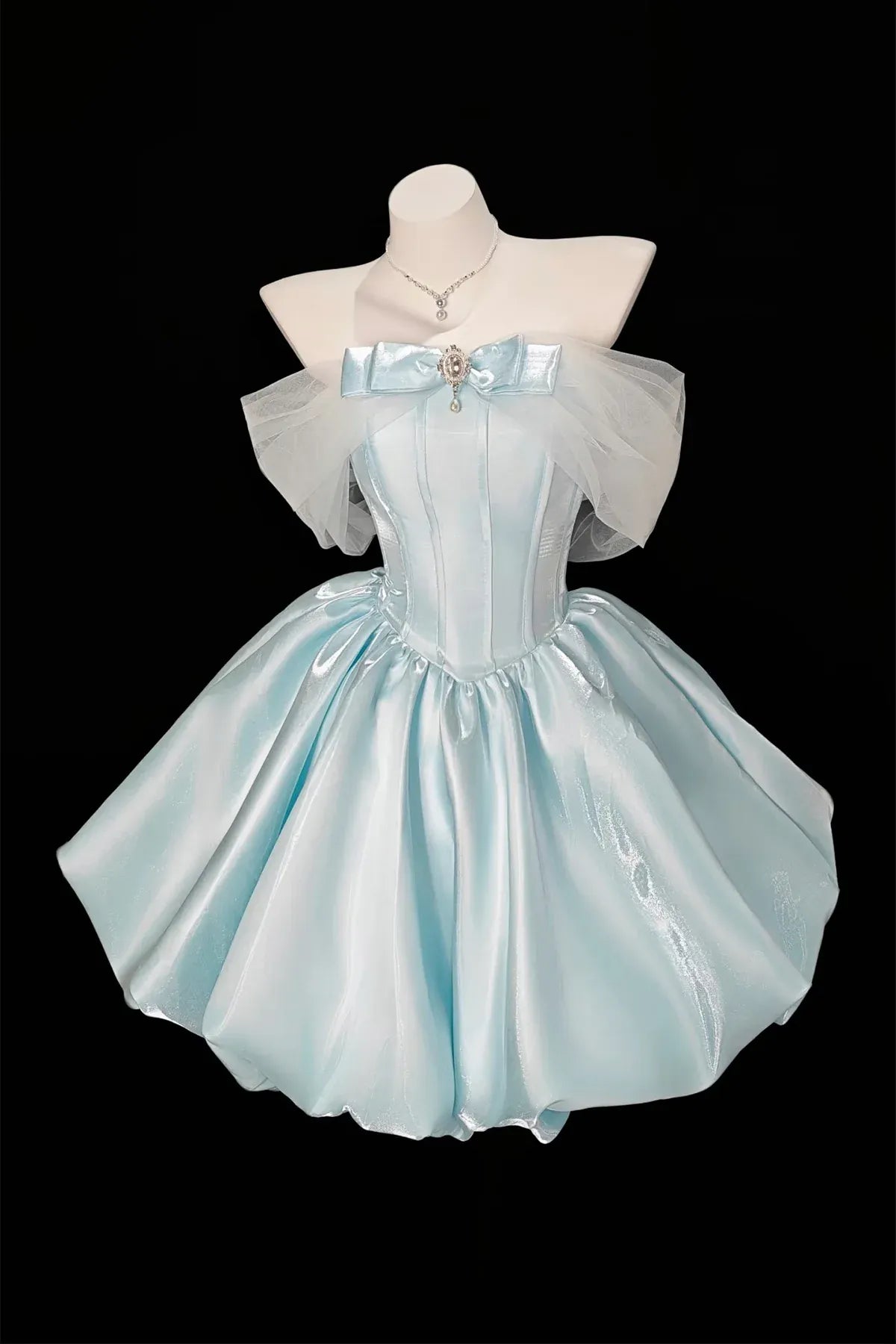 Light Blue Off Shoulder Tulle Bow Brooch Voluminous A-Line Homecoming Dress