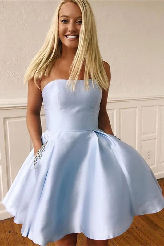 Light Blue Strapless Beaded Pocket A-Line Mini Homecoming Dress