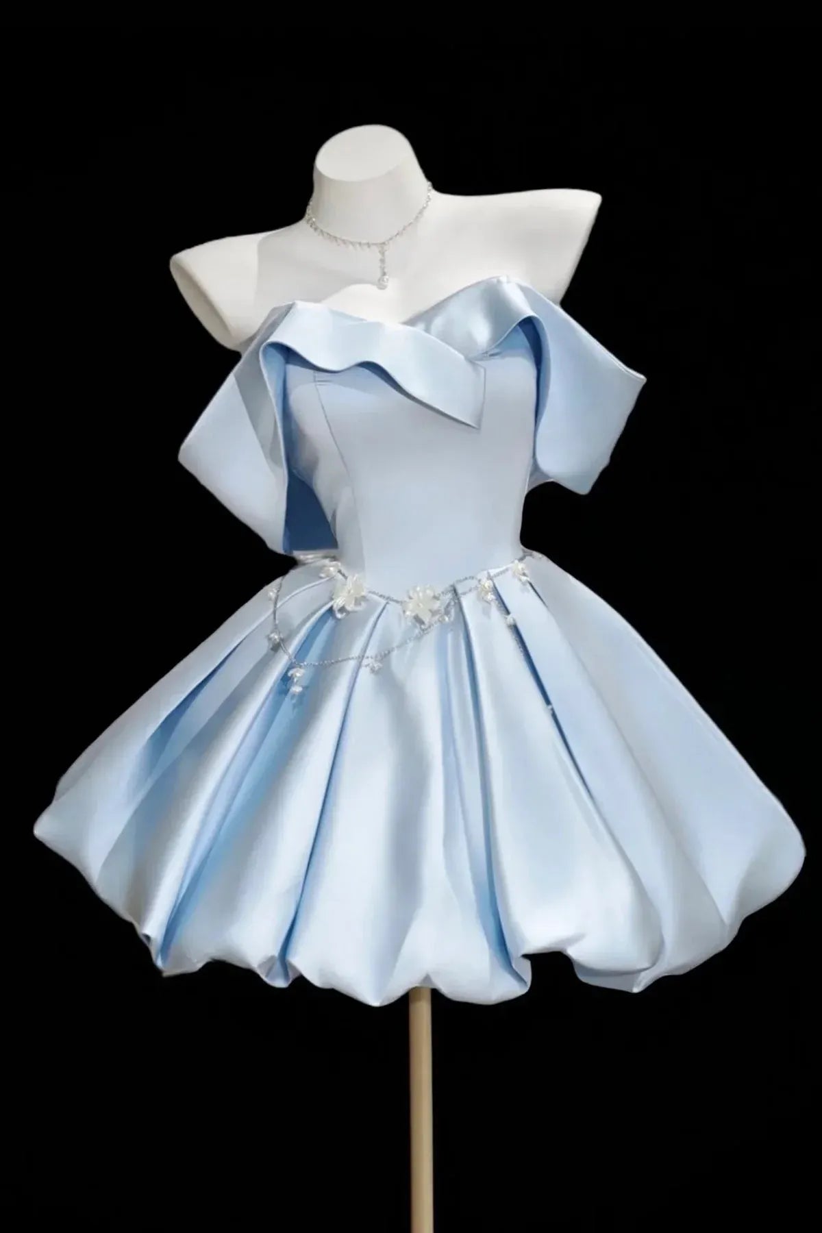 Light Blue Strapless Floral Chain Waist Voluminous A-Line Homecoming Dress