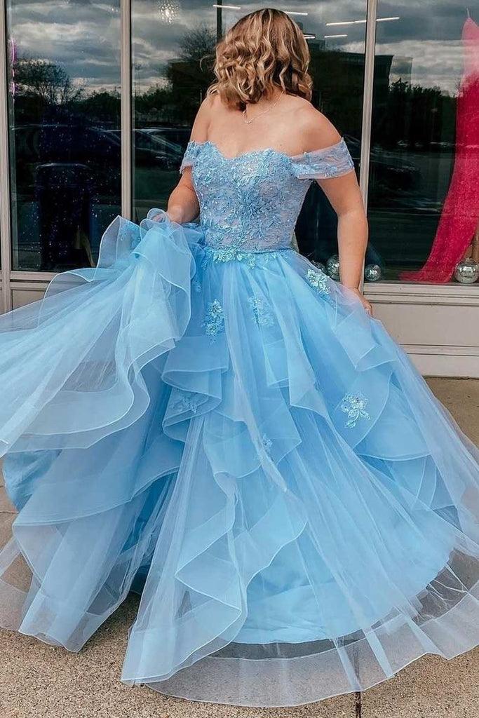 Wholesa A-Line Tulle Off-the-Shoulder Tiered Light Blue Prom Evening Dress