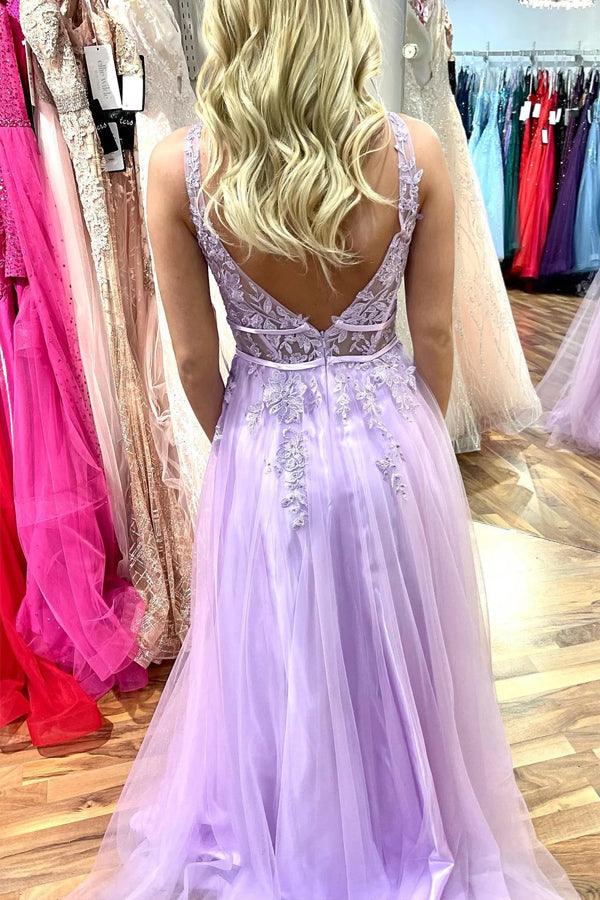 Wholesa A-line V Neck Beaded Appliques Sleeveless Tulle Lilac Long Prom Dress
