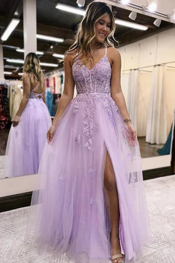Wholesa A-line V-neck Tulle Prom Dresses With Side Slit