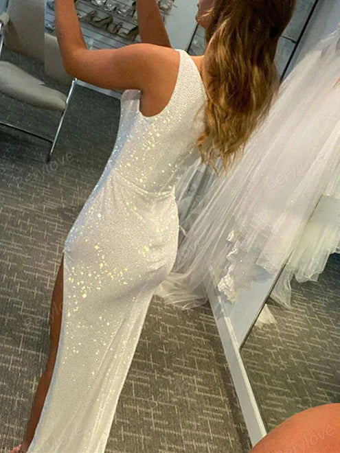 Wholesa Sheath Sequin One-Shoulder Sweep Train Long Prom Dresses