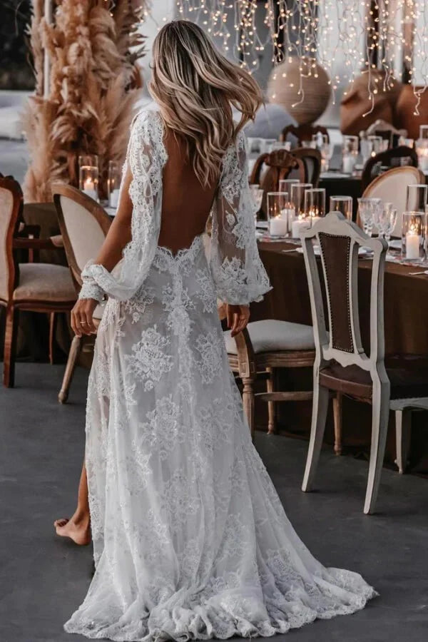 Wholesa Boho V-neck Lace Appliques Long Sleeve Wedding Dress