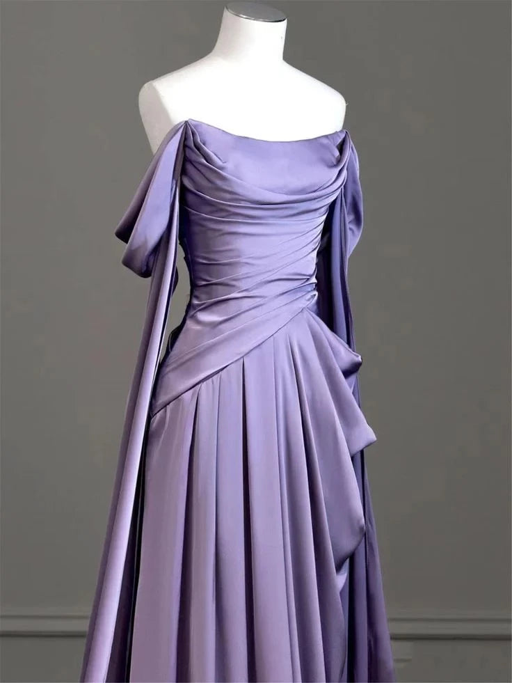 Luxury A-Line Off Shoulder Draped Sleeve Open Back Train Length Evening Dress