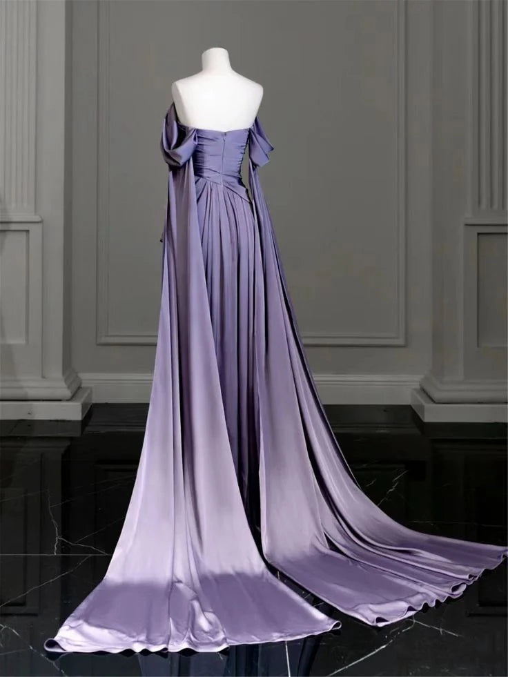 Luxury A-Line Off Shoulder Draped Sleeve Open Back Train Length Evening Dress