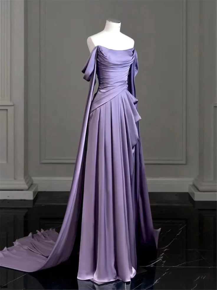 Luxury A-Line Off Shoulder Draped Sleeve Open Back Train Length Evening Dress