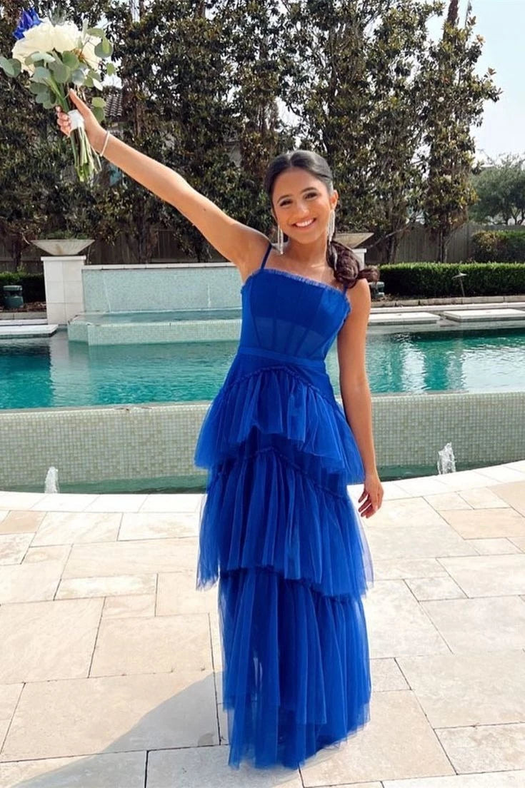 Luxury A-Line Square Neck Spaghetti Strap Open Back Tiered Floor Length Evening Dress