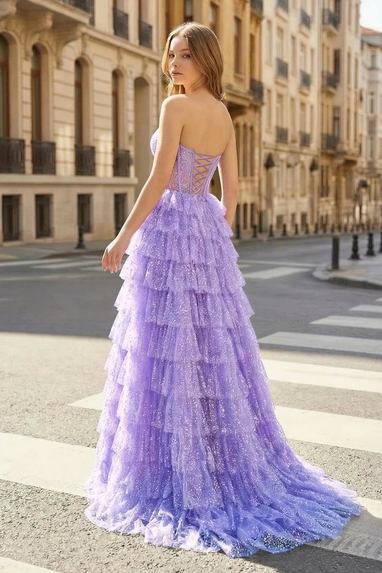 Ethereal Ball-Gown Sweetheart Strapless Lace-Up-Back Ruffled-Hem Floor-Length Prom Dress