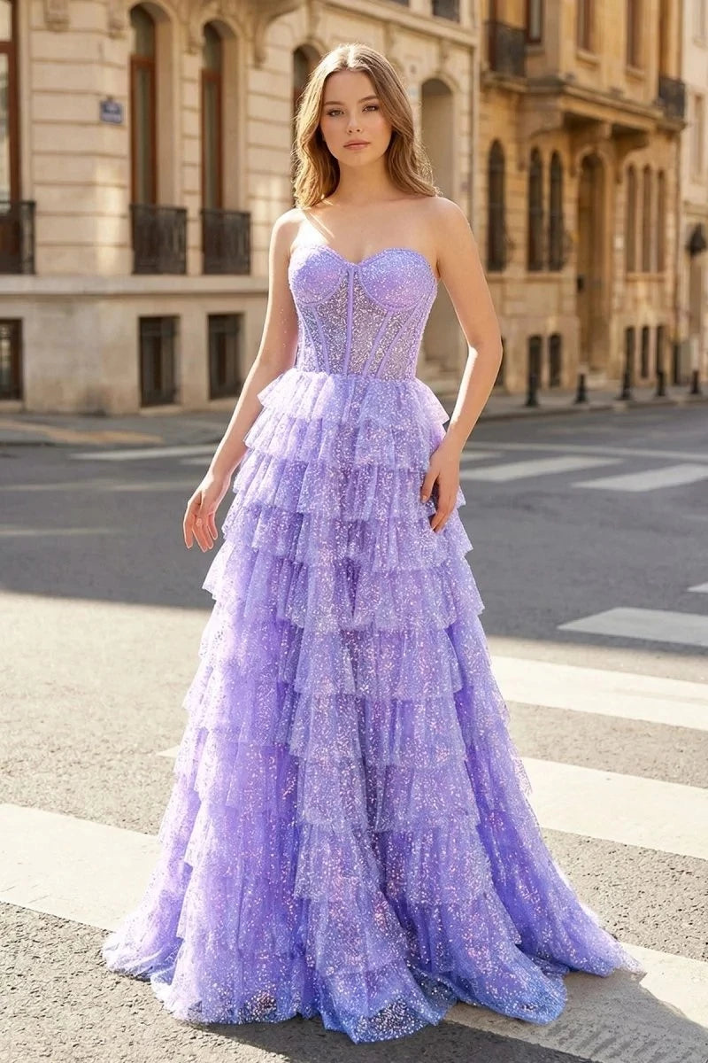 Ethereal Ball-Gown Sweetheart Strapless Lace-Up-Back Ruffled-Hem Floor-Length Prom Dress