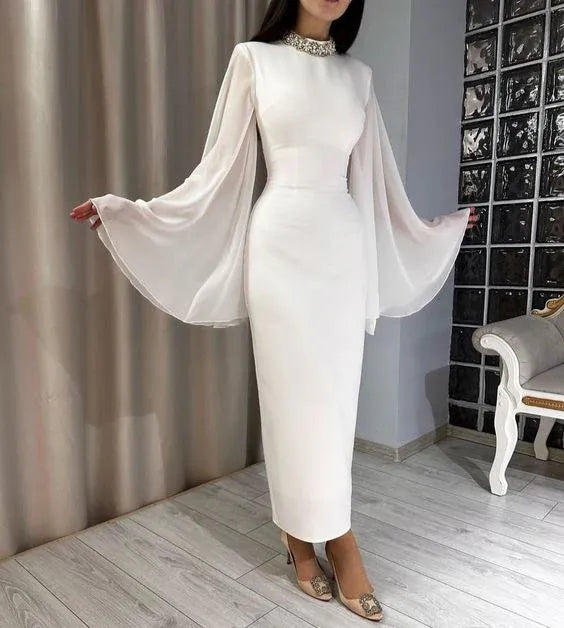 Luxury Bodycon Midi Rhinestone High Neck Flowy Chiffon Cape Sleeve Evening Dress