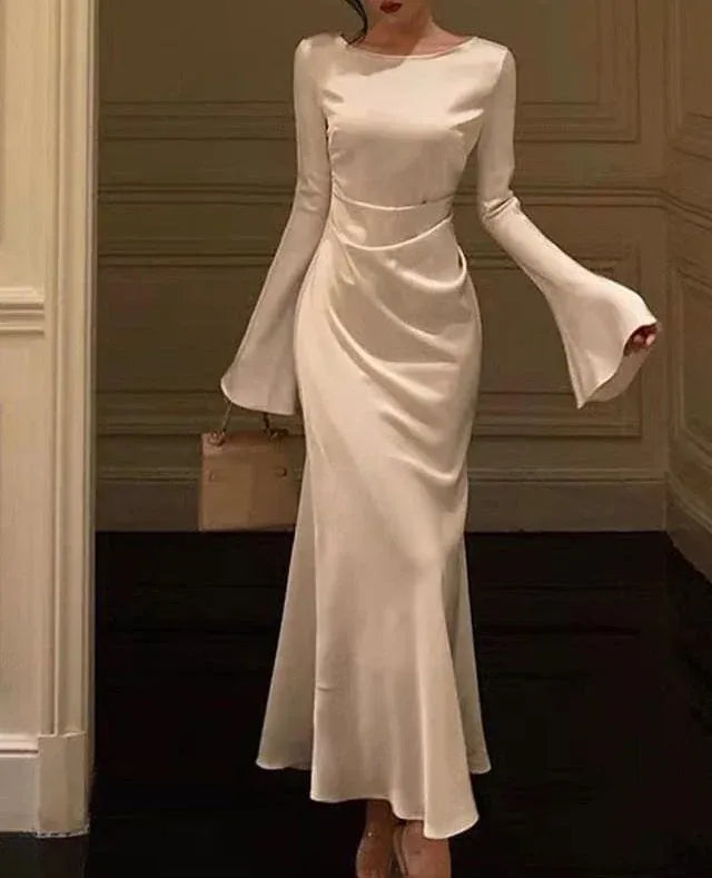 Luxury Mermaid Boat Neck Flared Long Sleeve Waist Ruched Floor-Length Satin Formal Evening Dress
