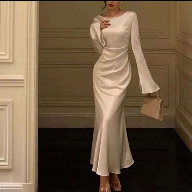 Luxury Mermaid Boat Neck Flared Long Sleeve Waist Ruched Floor-Length Satin Formal Evening Dress