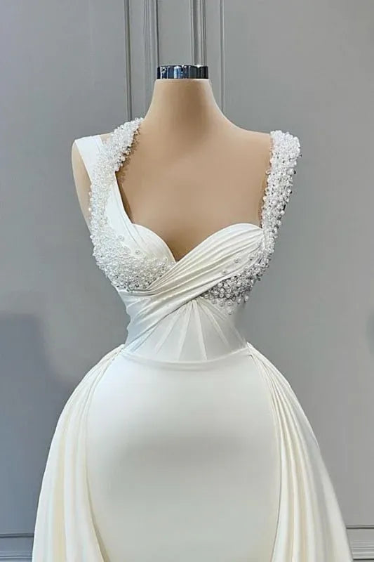 Luxury Mermaid Sweetheart Beaded Spaghetti Strap Detachable Over Skirt Floor-Length Satin Wedding Dress